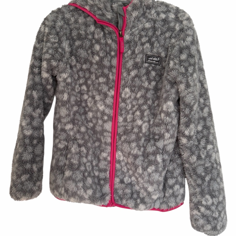 Eddie Bauer Kids Quest Plush Fleece Hooded Jacket grey animal-print pattern L